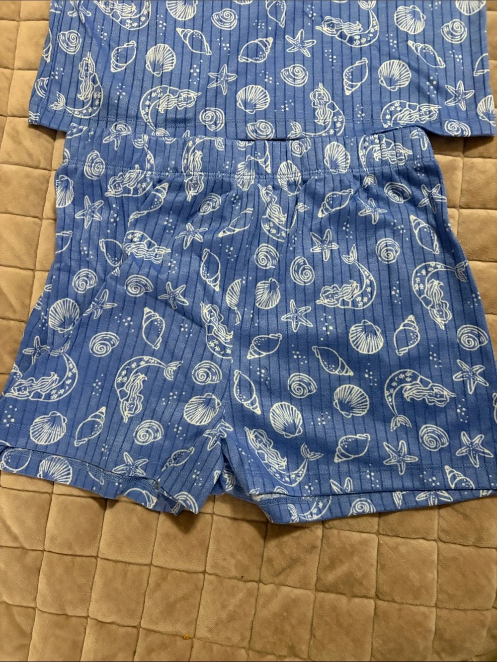 Cuddl Duds Blue Seashell & Starfish Short Sleeve Pajama Set. Size L (10/12)